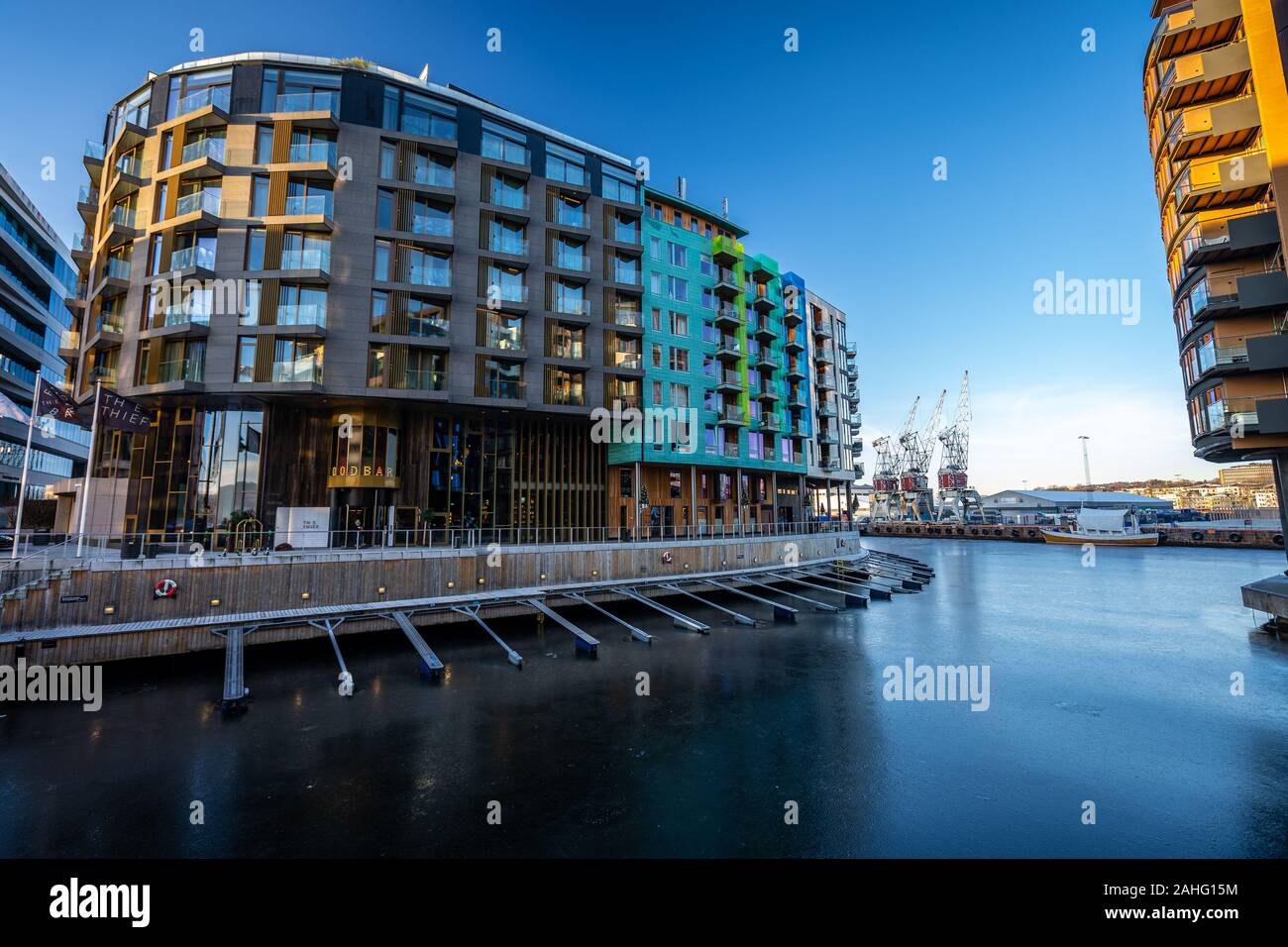 Oslo, Norvegia - architettura moderna in Tjuvholmen Foto Stock