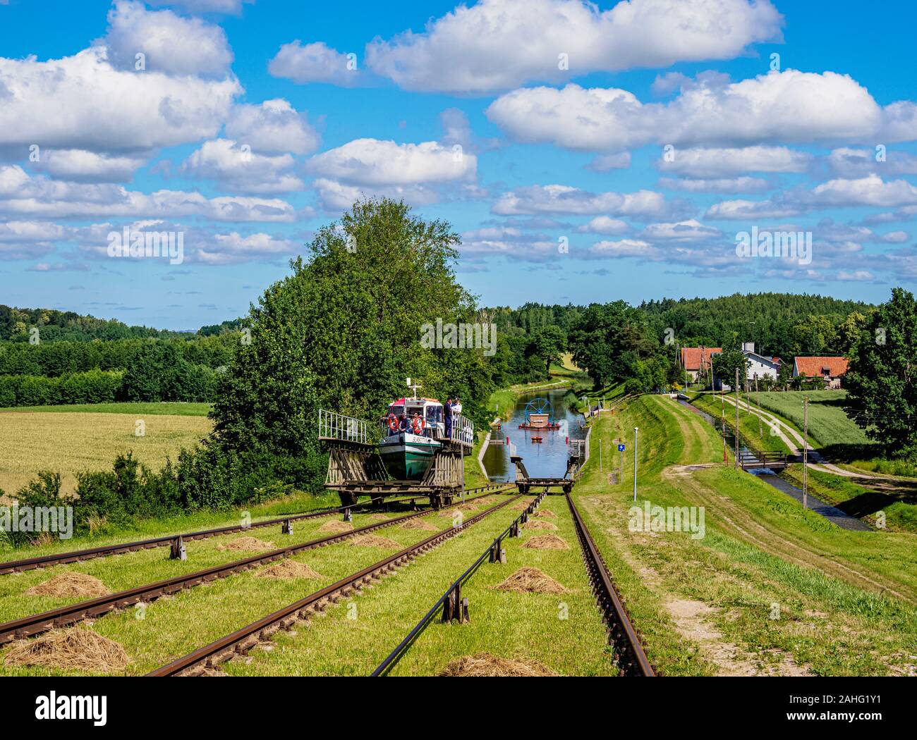 Imbarcazione turistica in base a piano inclinato in Katy, Elblag Canal, Warmian-Masurian voivodato, Polonia Foto Stock