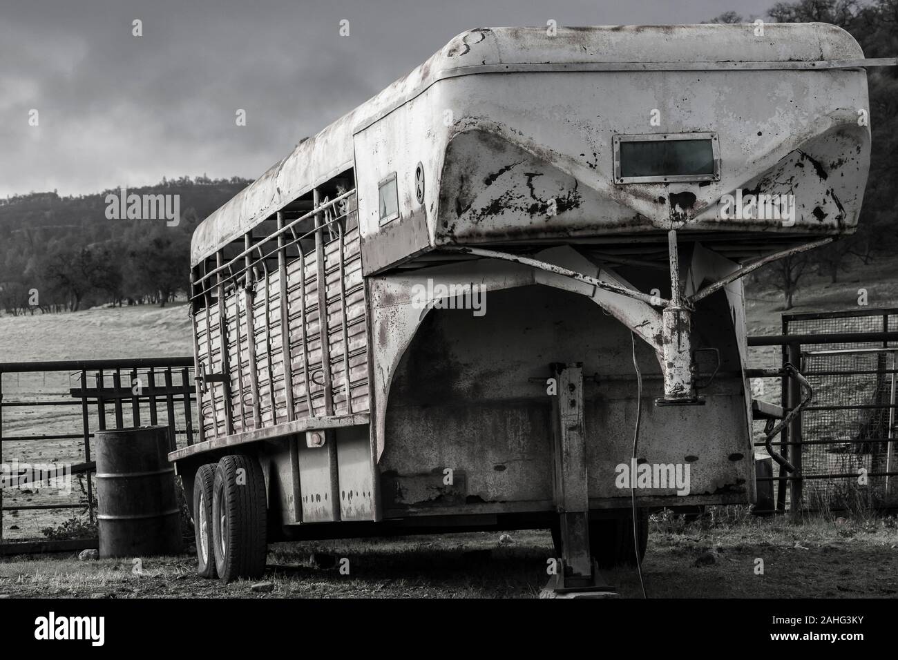 Immagine in bianco e nero di un vecchio rimorchio di cavallo ammaccato parcheggiato accanto ad un pascolo Foto Stock