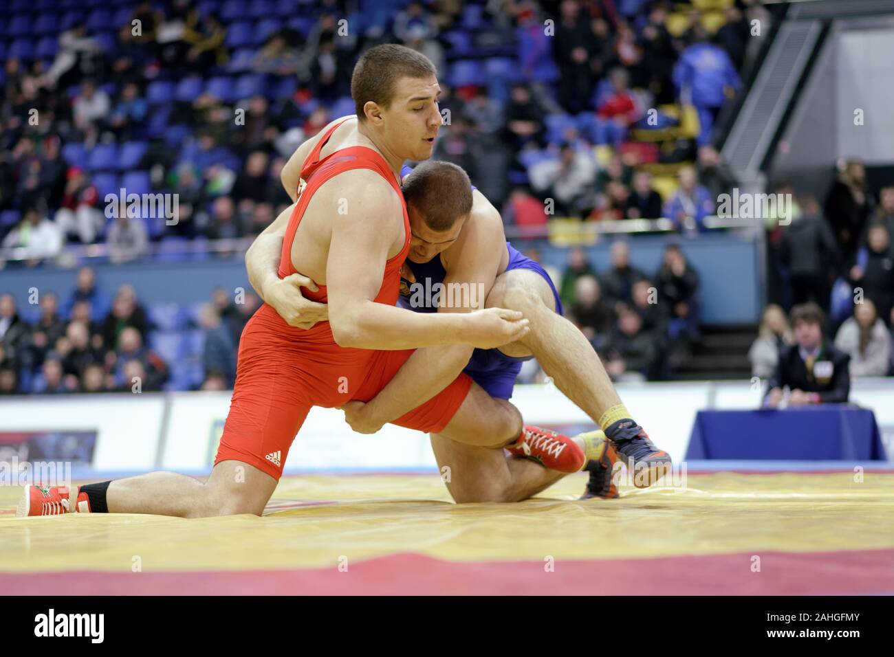 Kiev, Ucraina - 16 Febbraio 2013: Lotta Oleksandr Khotsianivskyi, Ucraina, blu vs Daniel Ligeti, Ungheria durante il XIX International freestyle wrestling e femmina torneo di wrestling Foto Stock