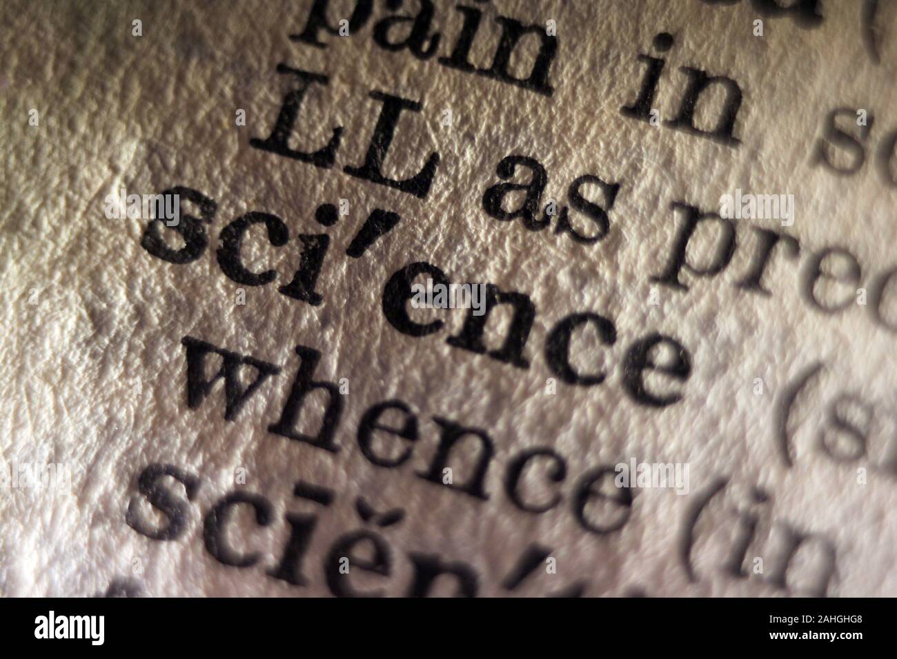 La parola 'scienza' stampata sulla pagina di libro, close-up Foto Stock