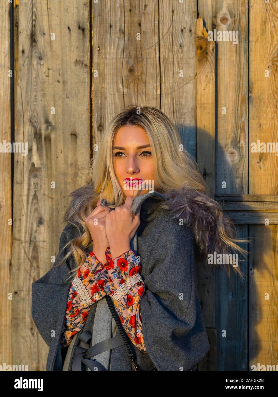 Capelli biondi capelli biondi fairhair biondi capelli caucasici che guardano via in lontananza al sole che tramonta lieve sorriso affascinante carismatico Foto Stock