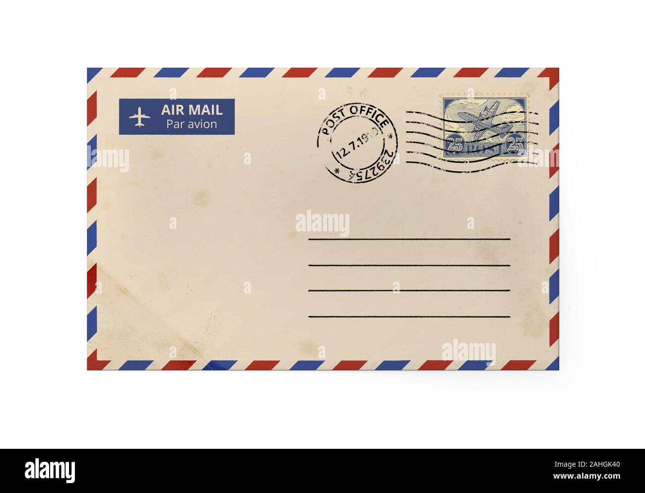 Vecchia busta gialla per lettera - American Air Mail stile con il blu e con il bordo rosso. Lato anteriore della busta. Foto Stock