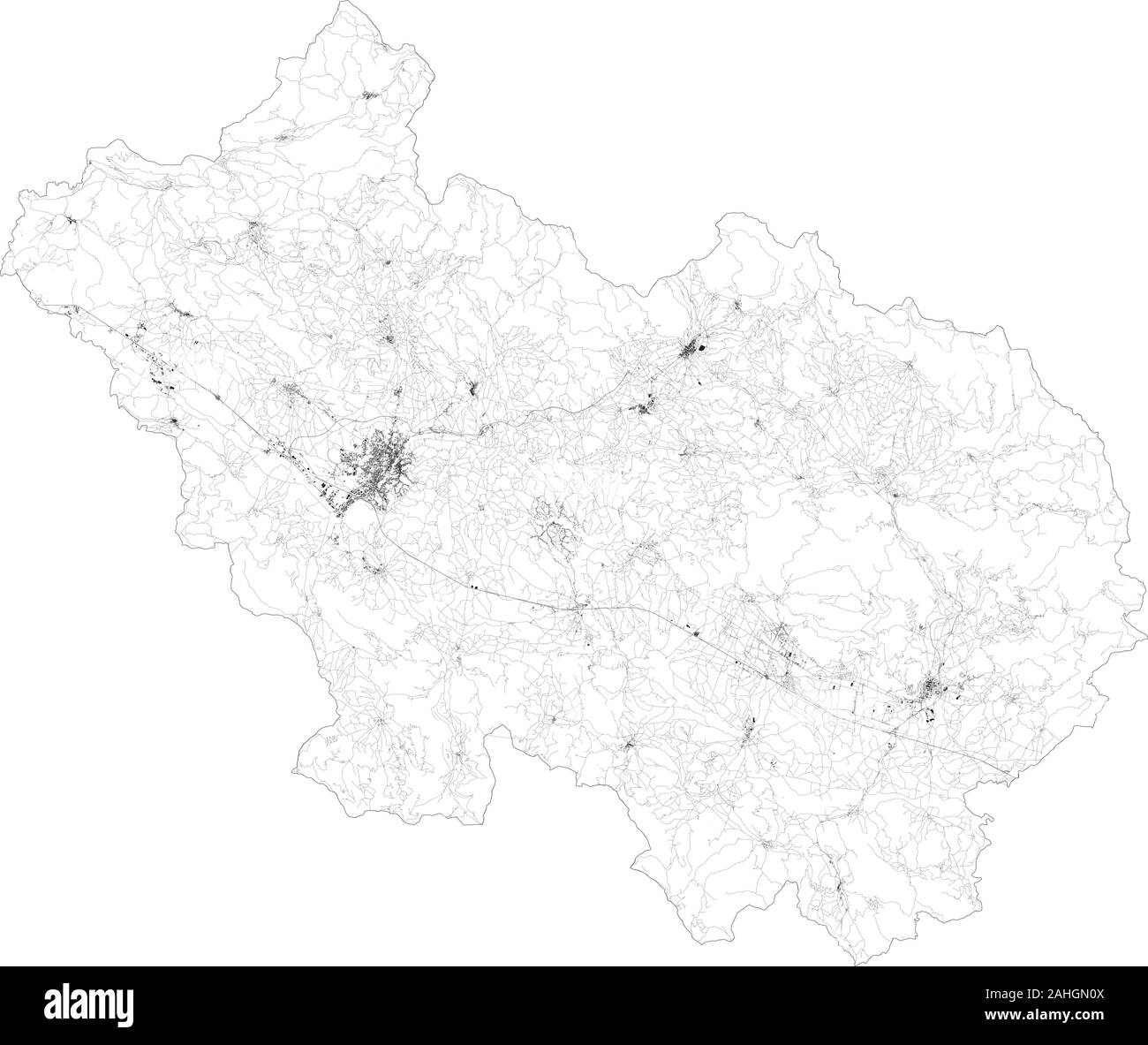 Mappa satellitare della provincia di Frosinone, città e strade, edifici e strade di collegamento delle aree circostanti. La Regione Lazio, Italia. Mappa stradale Illustrazione Vettoriale