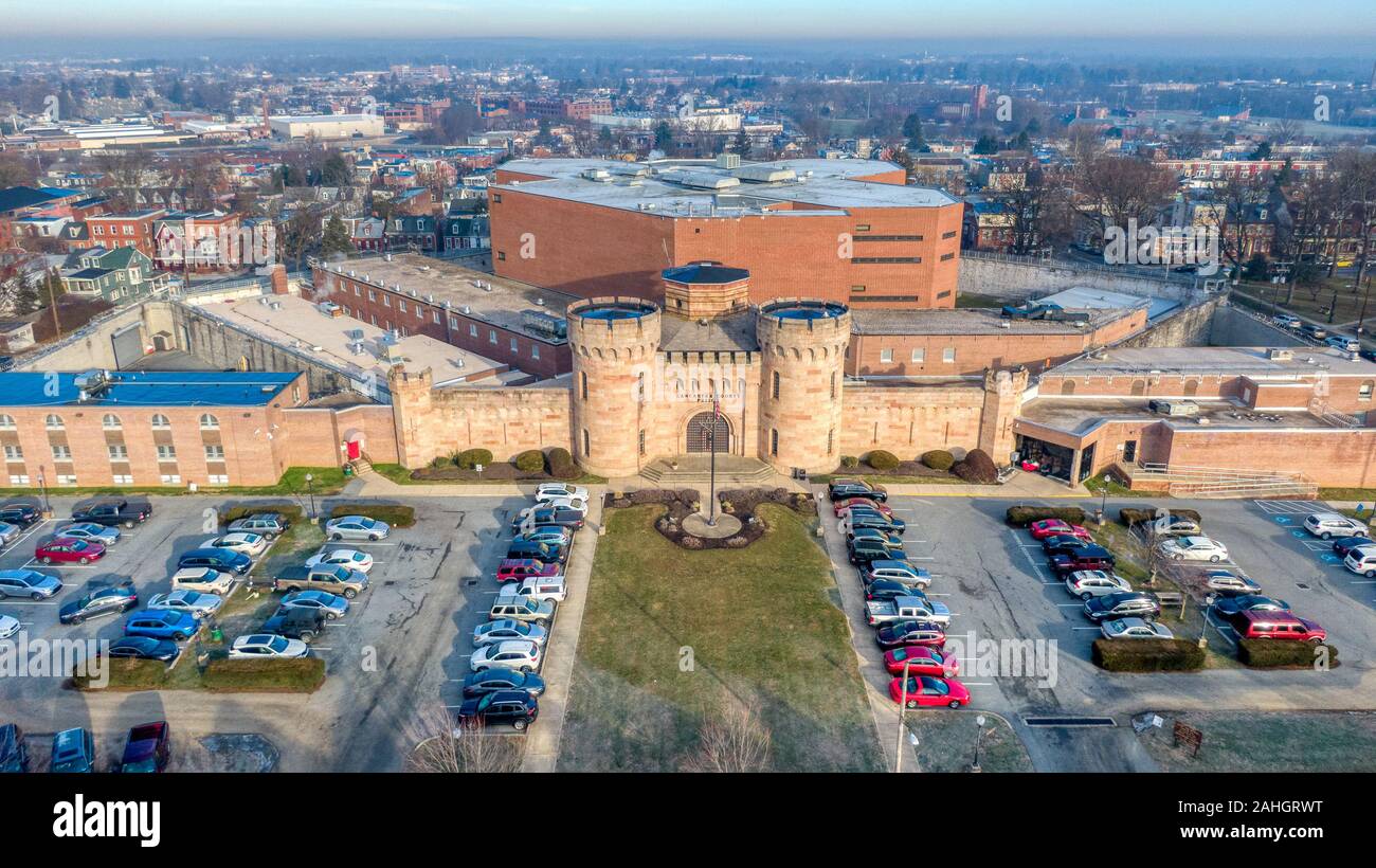 Lancaster County prigione, veduta aerea della storica prigione in Pennsylvania, Stati Uniti d'America, della giustizia penale nozione Foto Stock