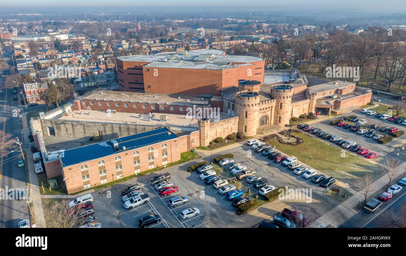 Lancaster County prigione, veduta aerea della storica prigione in Pennsylvania, Stati Uniti d'America, della giustizia penale nozione Foto Stock