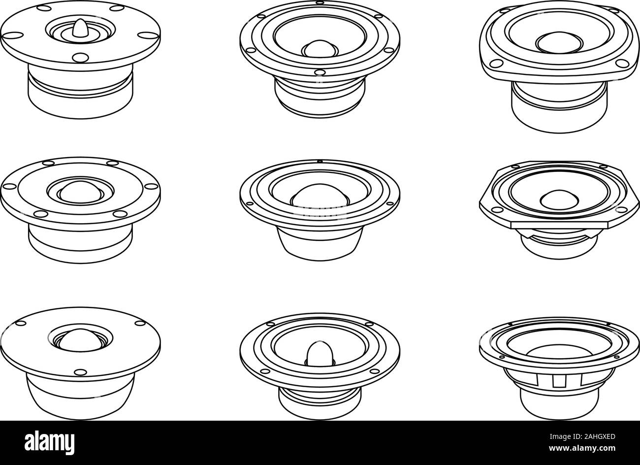 Icone del driver dell'altoparlante. Woofer tweeter midrange. Linea sottile vettoriale Illustrazione Vettoriale