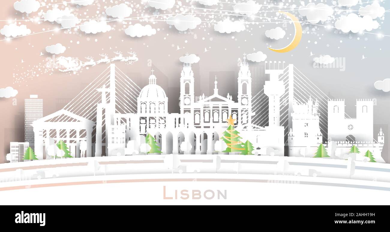 Lisbona portogallo skyline della città in carta tagliata stile con i fiocchi di neve, luna e Neon Garland. Illustrazione Vettoriale. Natale e Anno Nuovo concetto. Illustrazione Vettoriale