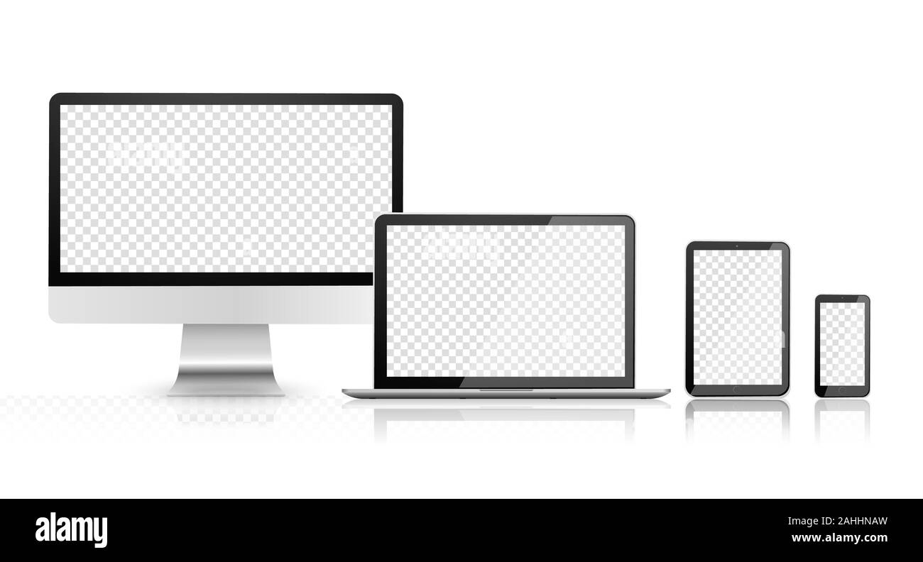 Vuoto sul monitor di un computer, telefono, tablet e laptop. Dispositivo impostato con schermata vuota. Set realistica del monitor, laptop, tablet smartphone colore grigio Foto Stock