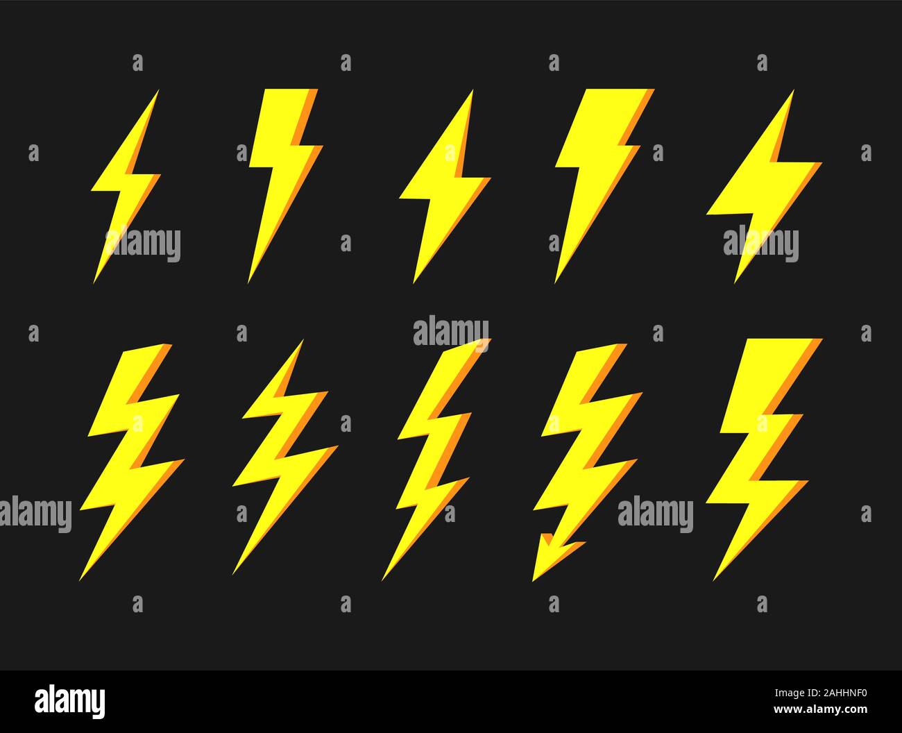Il tuono e la vite piatta icon set. Elementi di Flash. Elestric blitz logo Thunderbolt giallo su sfondo scuro Foto Stock
