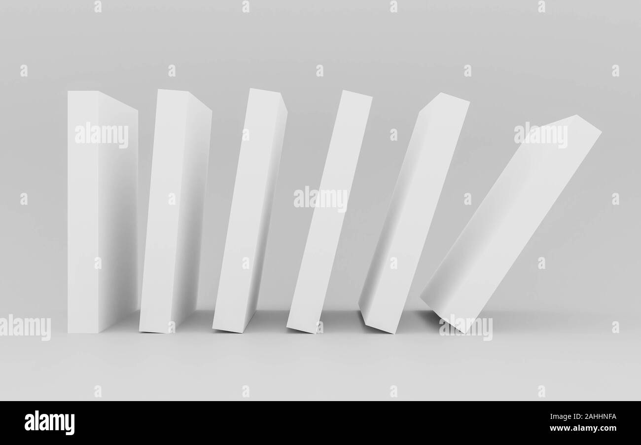 La caduta di bianco i blocchi di colonna astratto concetto domino 3D render illustrazione Foto Stock