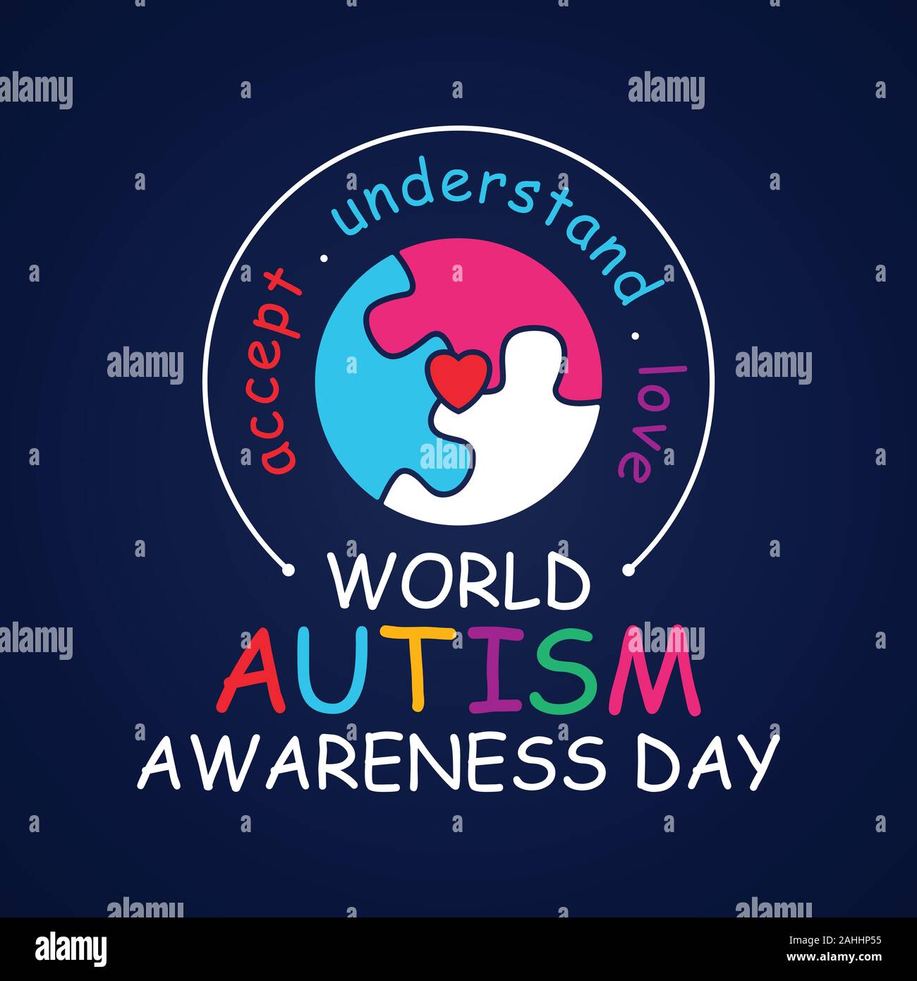 Colorful design parola mondo autismo giorno di consapevolezza con puzzle rotondo. Giornata mondiale di autismo per banner, biglietto d'auguri, poster o disegno di sfondo Illustrazione Vettoriale