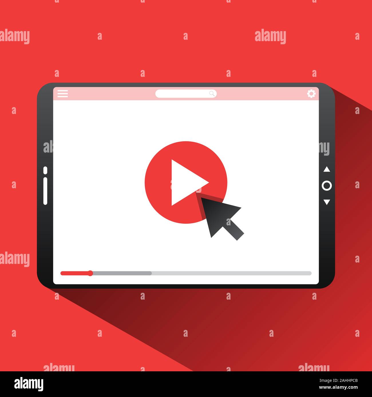 Fare clic su riproduci il video qui miniatura del vettore per l'apertura di uno sfondo video. Video conferenze e webinar icona, internet e servizi video. Vector illust Illustrazione Vettoriale