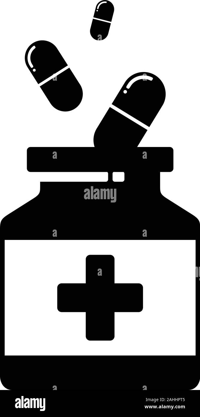 Pillole e icona di bottiglia isolato su sfondo bianco da collezione medici. Icona di pillole alla moda e moderno e simbolo di pillole per logo, web app, UI. Pills ic Illustrazione Vettoriale