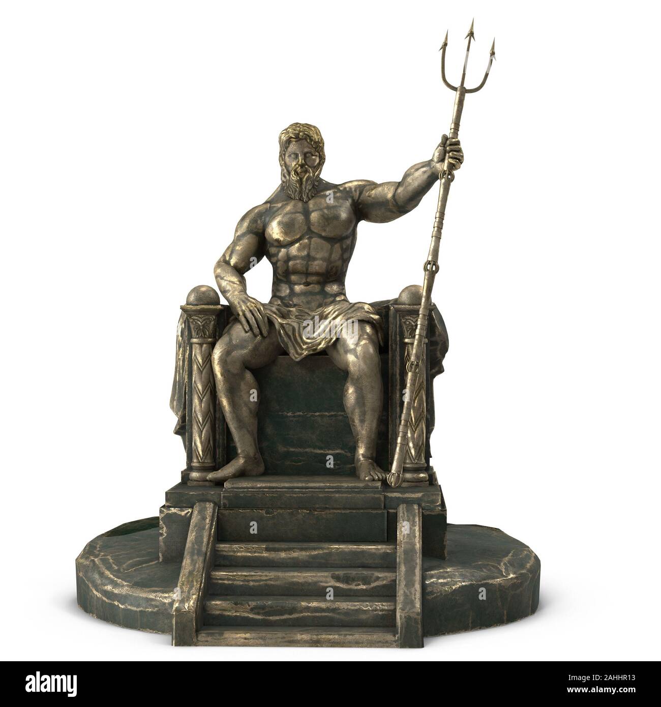 Statua di bronzo del dio greco Poseidone isolato su un fondo bianco. 3d illustrazione Foto Stock