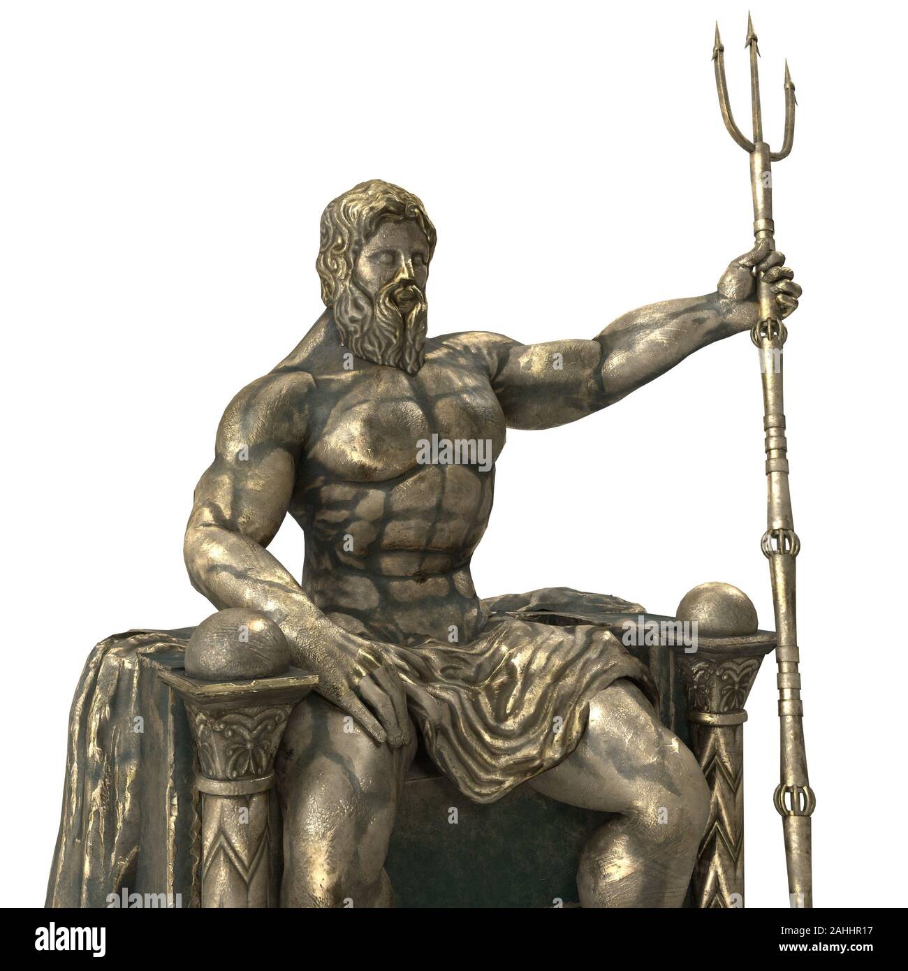 Statua di bronzo del dio greco Poseidone isolato su un fondo bianco. 3d illustrazione Foto Stock