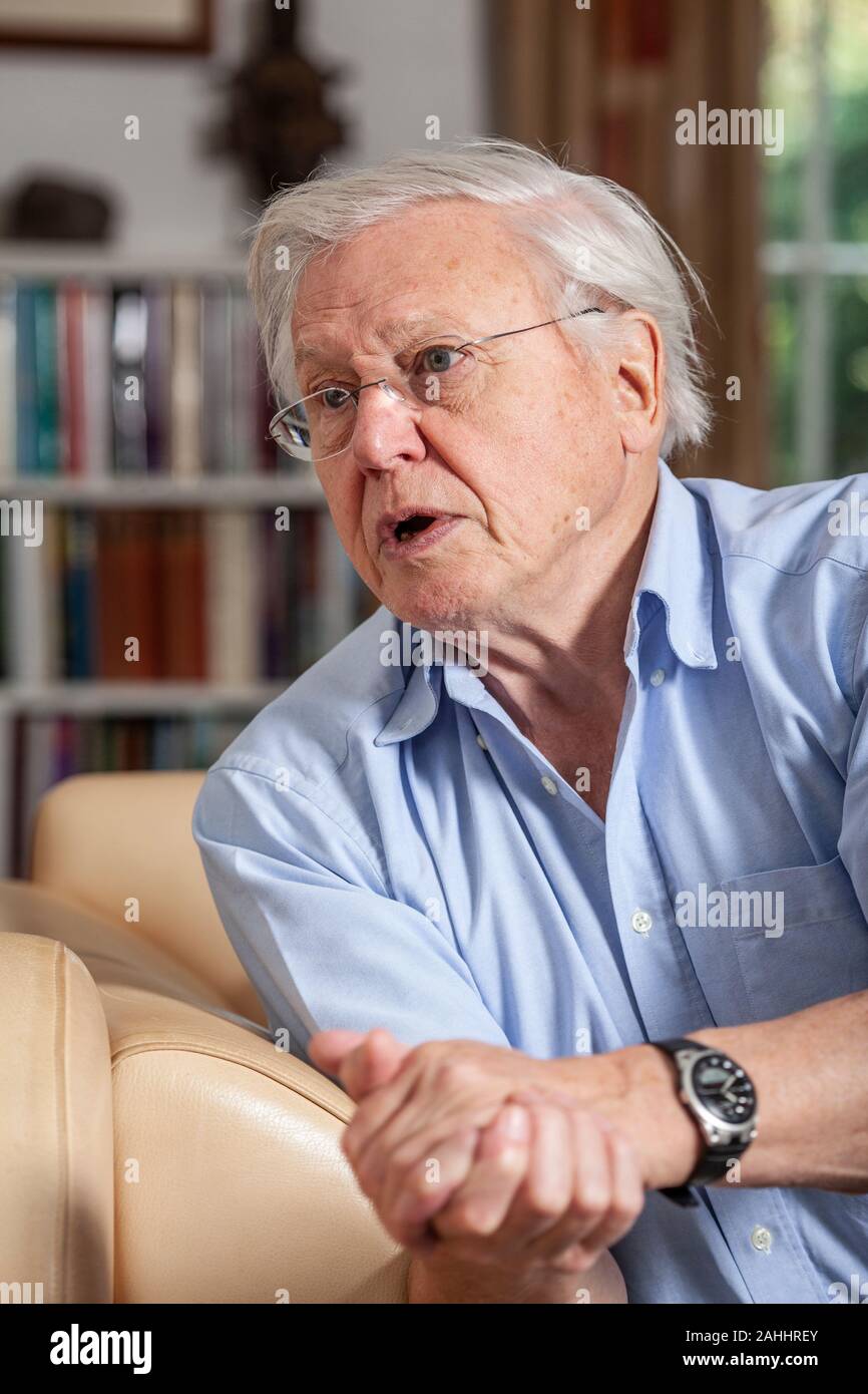 Sir David Attenborough, inglese emittente e naturalista, nella sua casa di Richmond, Borough di Richmond upon Thames, England Regno Unito Foto Stock