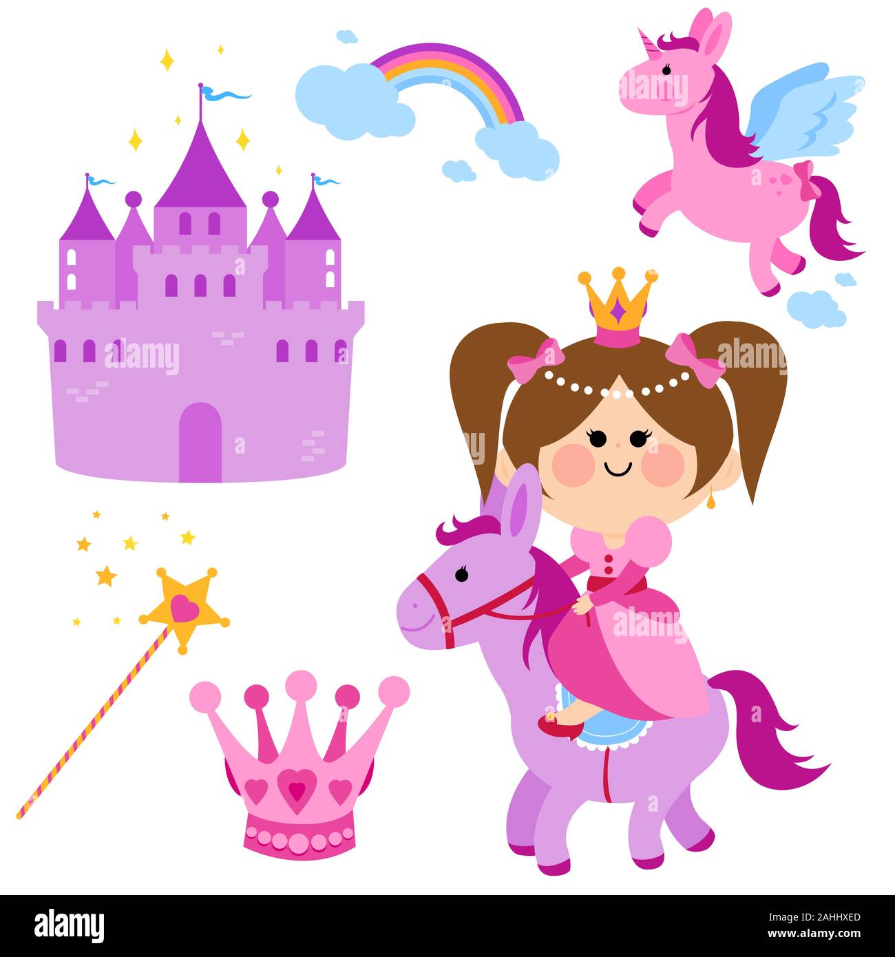 Bella fata principessa in sella ad un cavallo, un castello, Unicorn, rainbow, corona e bacchetta magica. Illustrazione set. Foto Stock