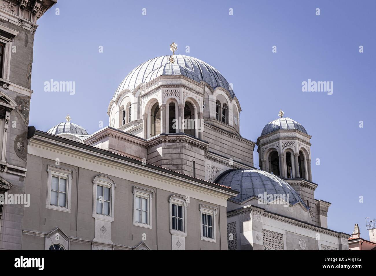 Serbo-ortodossa di San Spiridione Chiesa (Chiesa di San Spiridione) di Trieste vicino al canal grande sulla piazza san antonio nuovo con il w Foto Stock