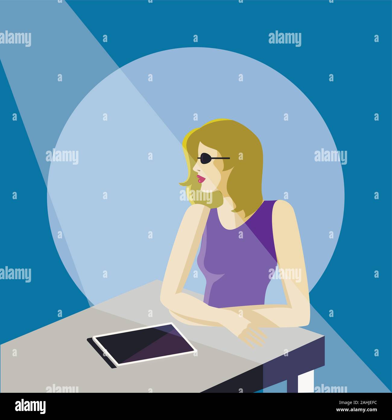 Donna wearimg occhiali da sole seduto a un coffee shop e di pensare e guardando fuori dalla finestra Illustrazione Vettoriale