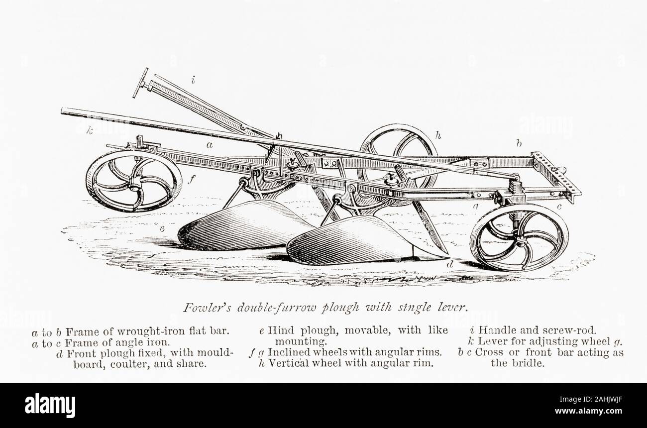 Fowler a doppio solco aratro con leva singola. Dal libro della fattoria di Henry Stephens pubblicato nel 1840's. Foto Stock