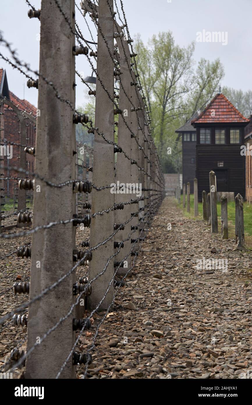 Torretta di guardia in Auschwitz campo di concentramento nazista, Polonia Foto Stock