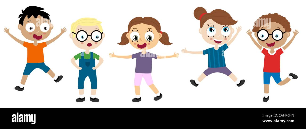 EPS10 file vettoriali che mostrano felici i bambini con diversi colori di pelle, i ragazzi e le ragazze a ridere, salto, giocare e divertirsi insieme Illustrazione Vettoriale
