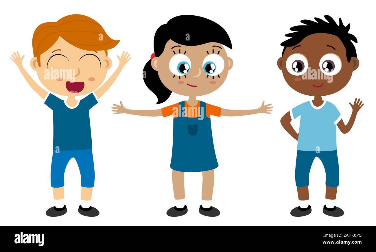 EPS10 file vettoriali che mostrano felici i bambini con diversi colori di pelle, i ragazzi e le ragazze a ridere, salto, giocare e divertirsi insieme Illustrazione Vettoriale
