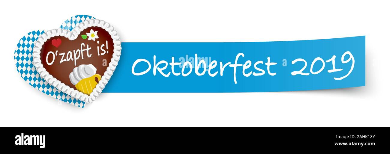 EPS 10 vettore con blu lungo la carta appiccicosa e cuore di panpepato con testo Oktoberfest 2019 Illustrazione Vettoriale