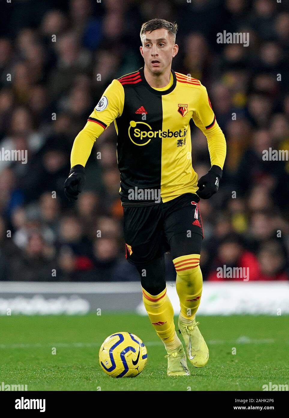 Gerard Deulofeu di Watford durante la partita della Premier League a Vicarage Road, Watford. Foto PA. Data immagine: Sabato 28 dicembre 2019. Vedi PA storia CALCIO Watford. Il credito fotografico dovrebbe essere: Tess Derry/PA Wire. RESTRIZIONI: Nessun utilizzo con audio, video, dati, elenchi di apparecchi, logo di club/campionato o servizi "live" non autorizzati. L'uso in-match online è limitato a 120 immagini, senza emulazione video. Nessun utilizzo nelle scommesse, nei giochi o nelle pubblicazioni di singoli club/campionati/giocatori. Foto Stock