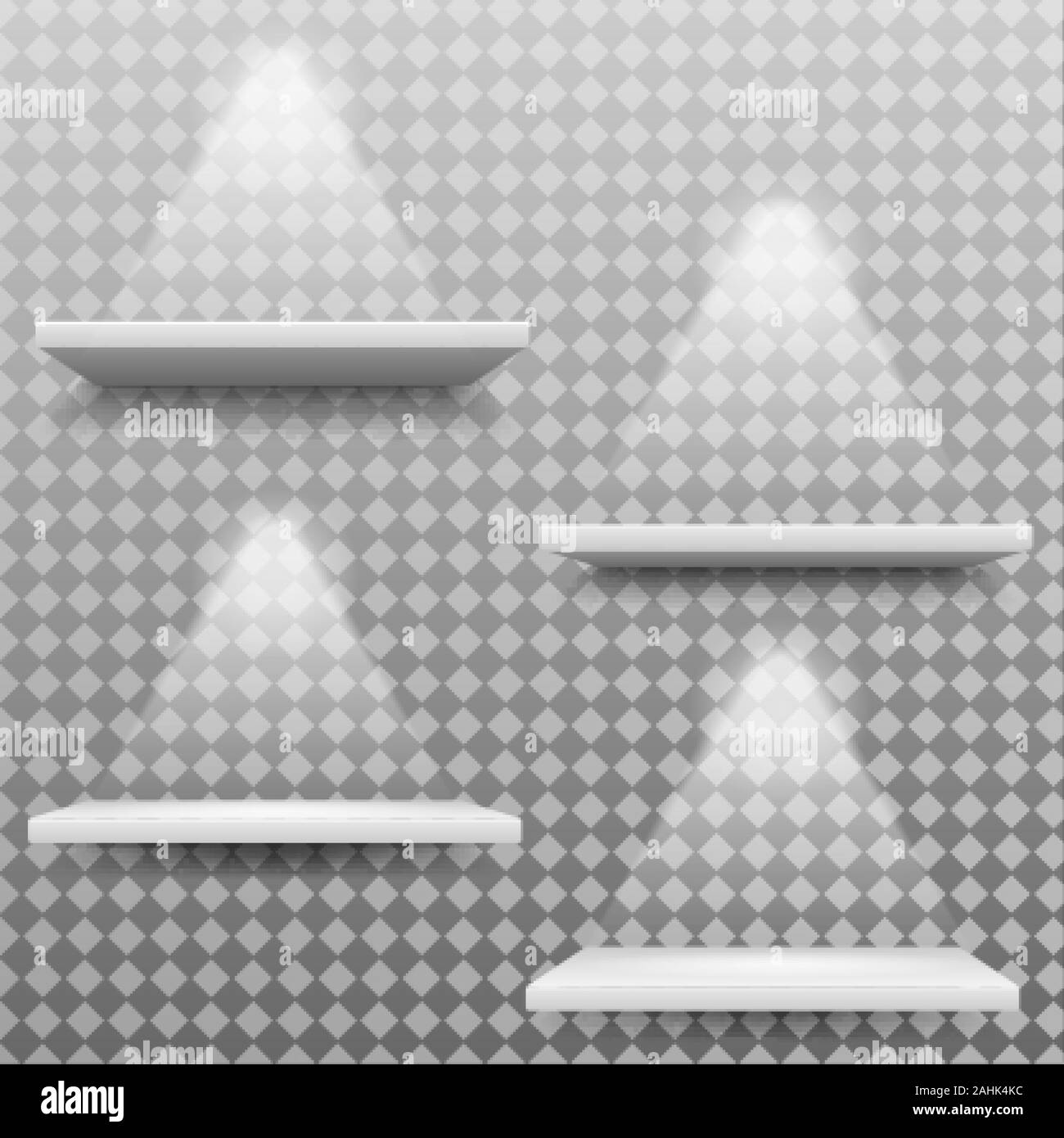 Gli scaffali vuoti vi è una luce che risplende in basso per mostrare il prodotto per distinguersi. Illustrazione Vettoriale