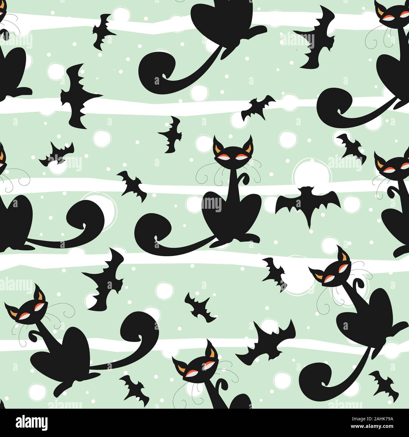 Modello senza giunture di Halloween gatti e pipistrelli in nero, tradizionale sfondo arancione. Buono per la stampa tessile, web, carta, confezionamento, tessuto, sfondi Illustrazione Vettoriale