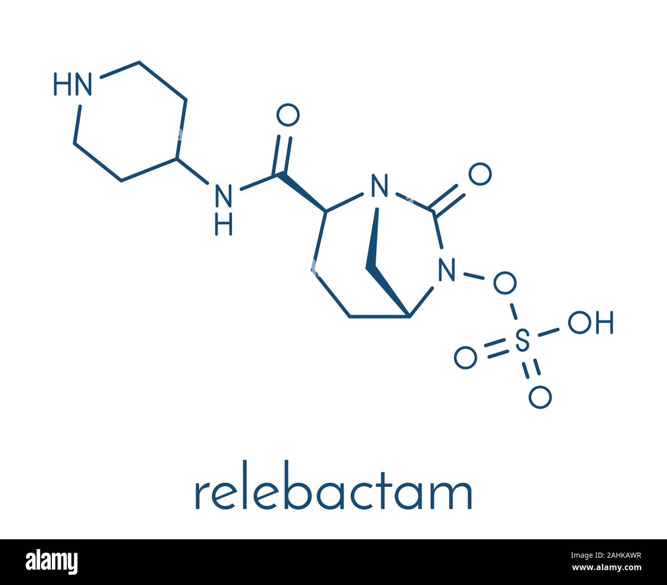 Relebactam molecola di farmaco. Beta-lattamasi inibitore che è amministrato con antibiotici beta-lattamici. Formula di scheletro. Illustrazione Vettoriale