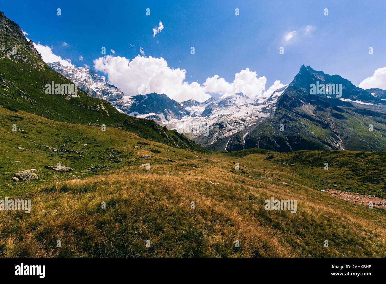 Picchi di Besso, Zinalrothorn e Weisshorn e il Ghiacciaio Moming nel cantone svizzero del Vallese (Wallis) nelle Alpi Pennine vicino al lago Arpitetta Foto Stock