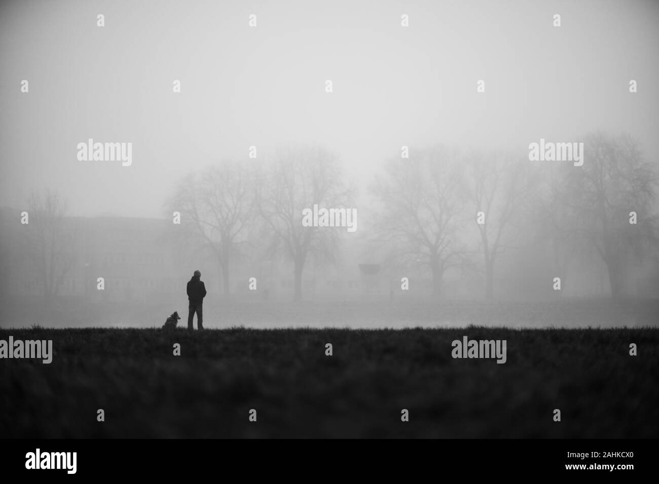 Simbolo di amicizia vera con l uomo e cane in bianco e nero Foto Stock