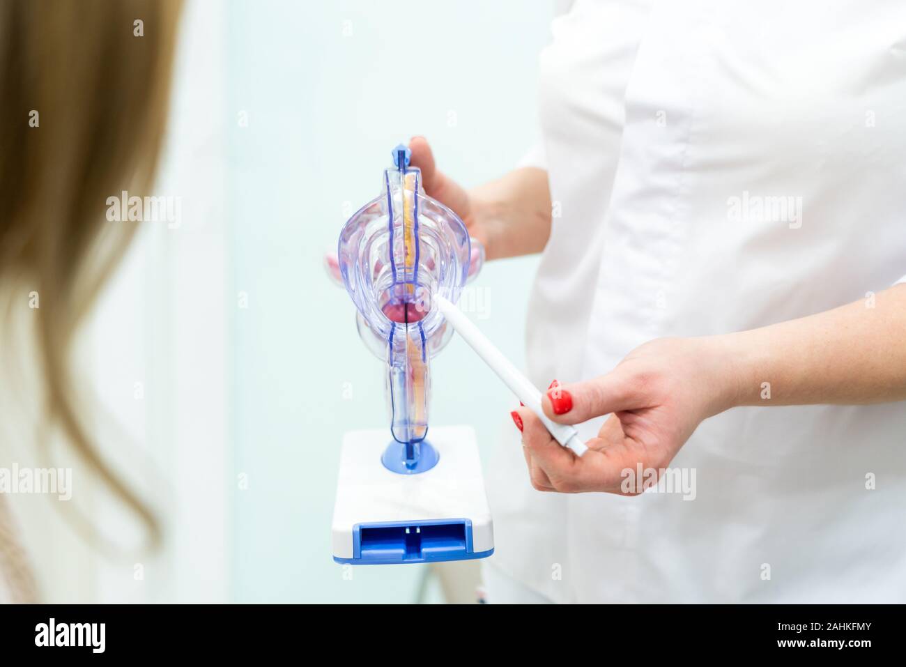 Medico ginecologo consulting paziente utilizzando utero modello anatomico Foto Stock