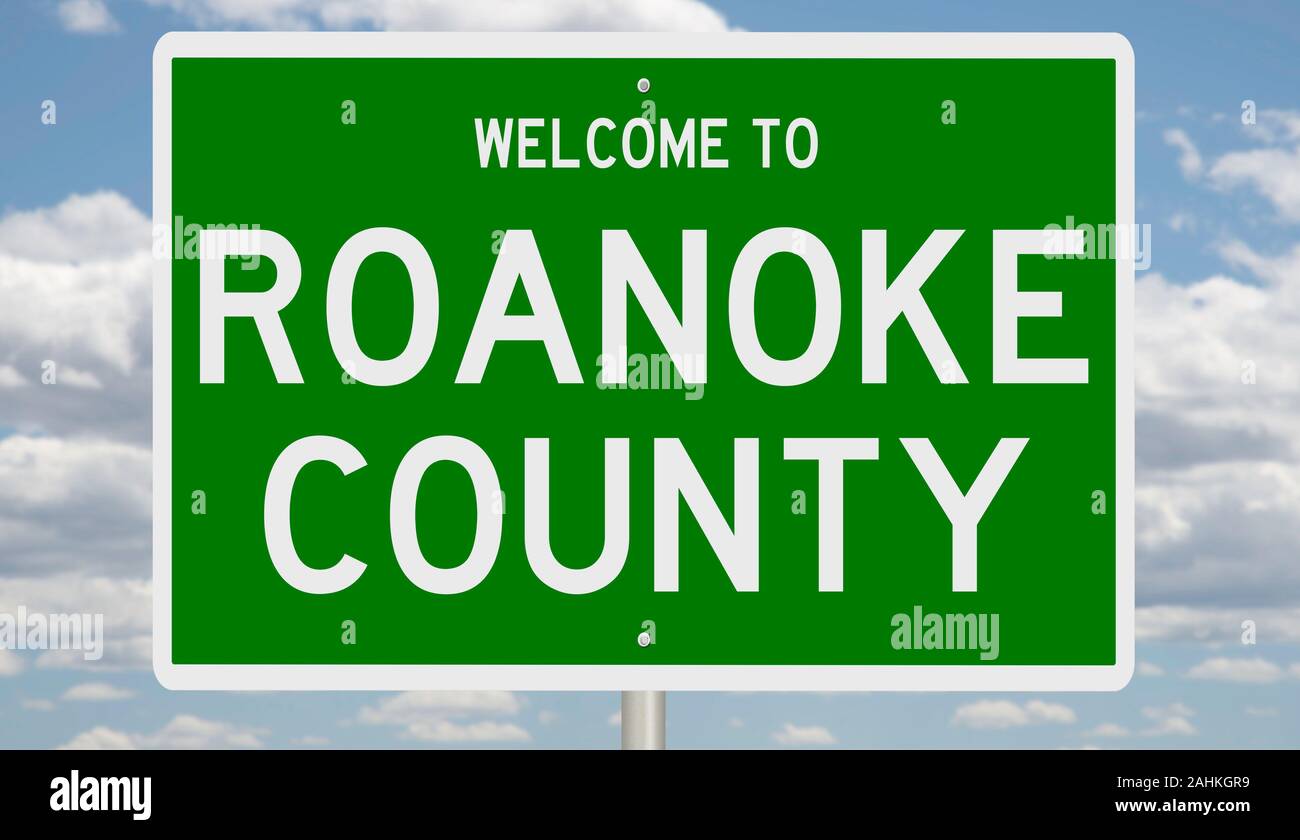Il rendering di un verde 3d autostrada segno per la contea di Roanoke Foto Stock