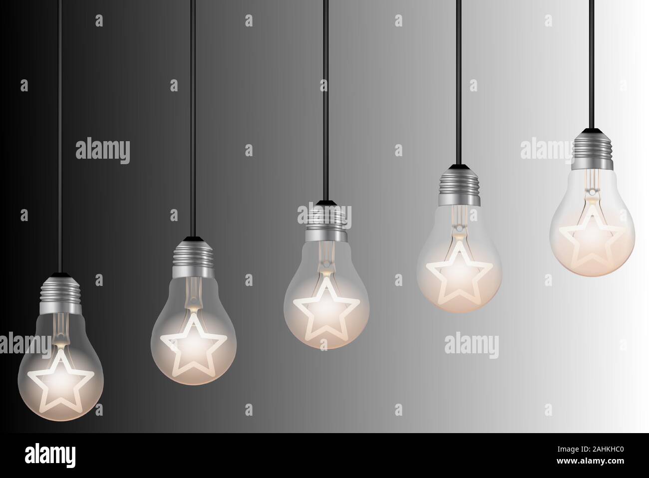 Cinque lampadine con accesa stelle su fondo nero e sfondo bianco. classifica o rating Concetto di immagine Illustrazione Vettoriale