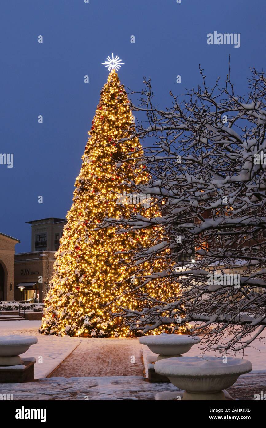 Albero di Natale in Greene shopping center. La neve è visibile nella scena invernale anche sul primo piano dei rami dell'albero. La Greene, Beavercreek, evento Foto Stock