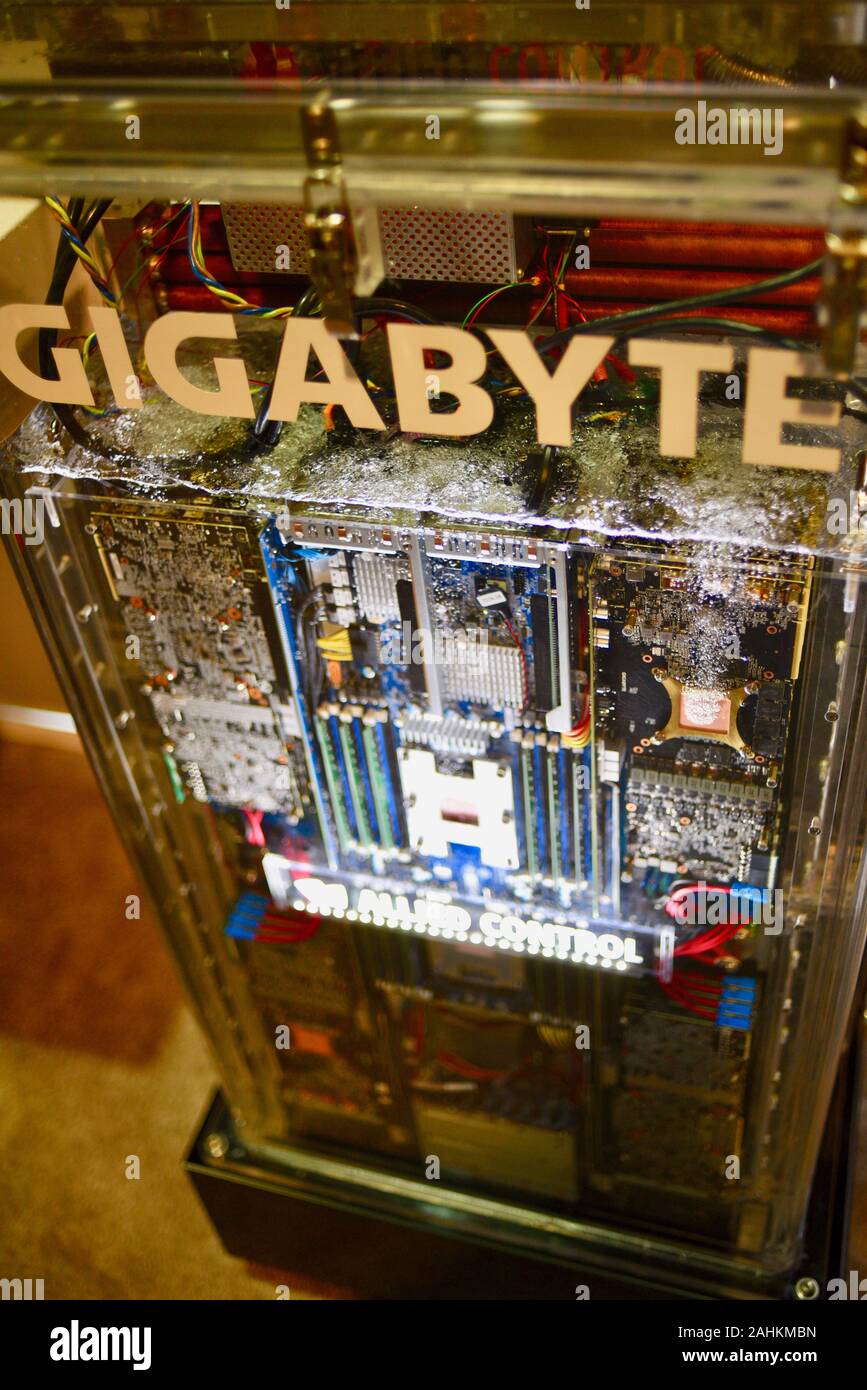 Gigabyte a due fasi liquido di immersione (3M Novec fluido) raffreddamento completamente sommerso centro dati/server digitare computer al CES di Las Vegas, NV, Stati Uniti d'America. Foto Stock