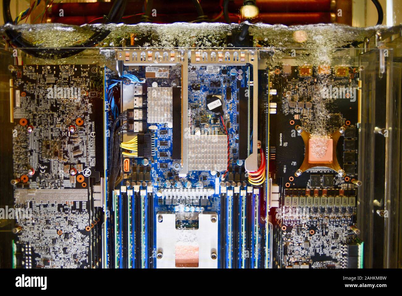 Gigabyte a due fasi liquido di immersione (3M Novec fluido) raffreddamento completamente sommerso centro dati/server digitare computer al CES di Las Vegas, NV, Stati Uniti d'America. Foto Stock