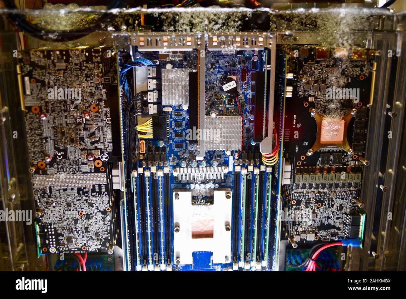 Gigabyte a due fasi liquido di immersione (3M Novec fluido) raffreddamento completamente sommerso centro dati/server digitare computer al CES di Las Vegas, NV, Stati Uniti d'America. Foto Stock