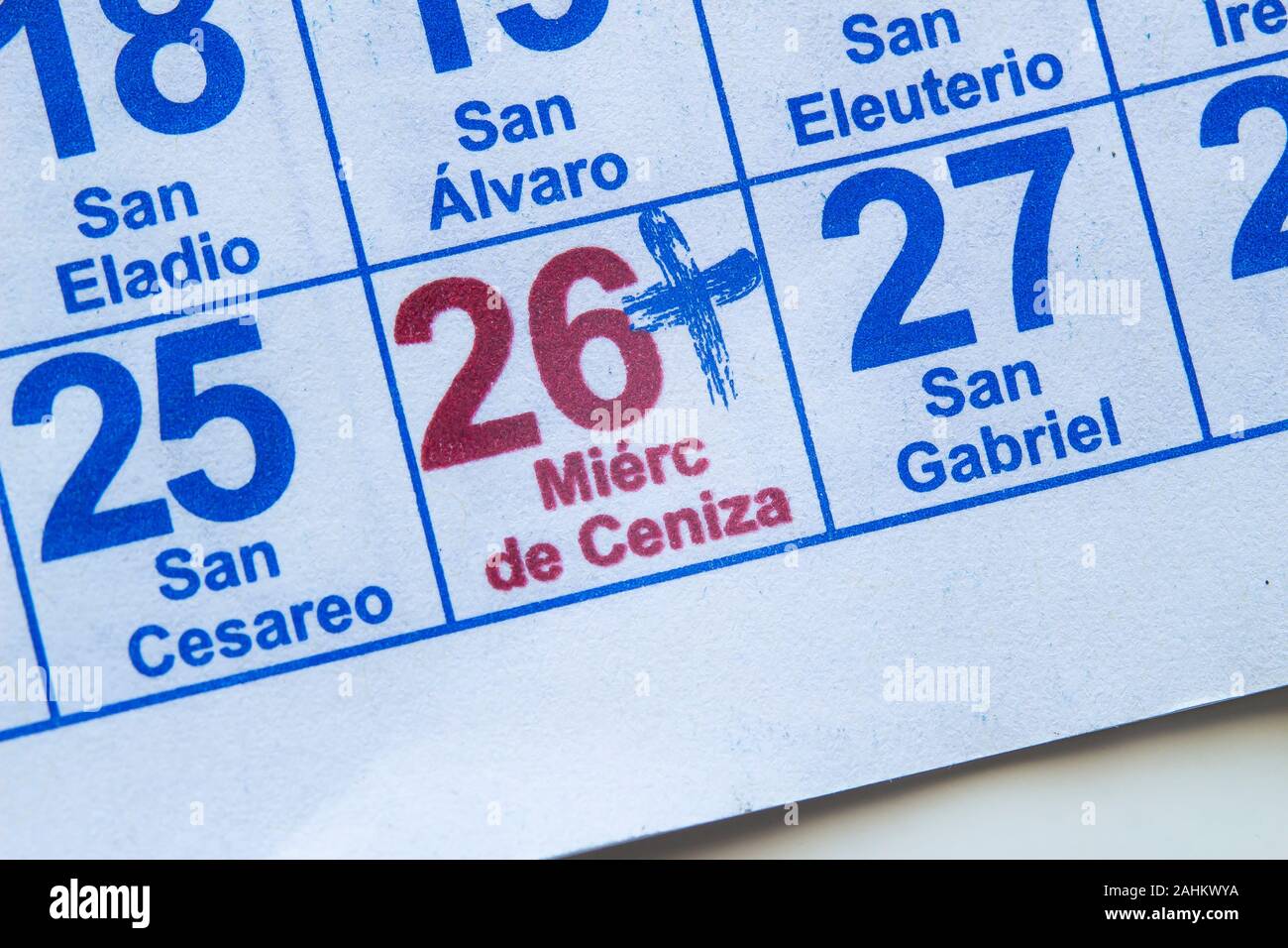Spagnolo in calendario il Mercoledì delle Ceneri è un cristiano santo giorno di digiuno e di preghiera Foto Stock