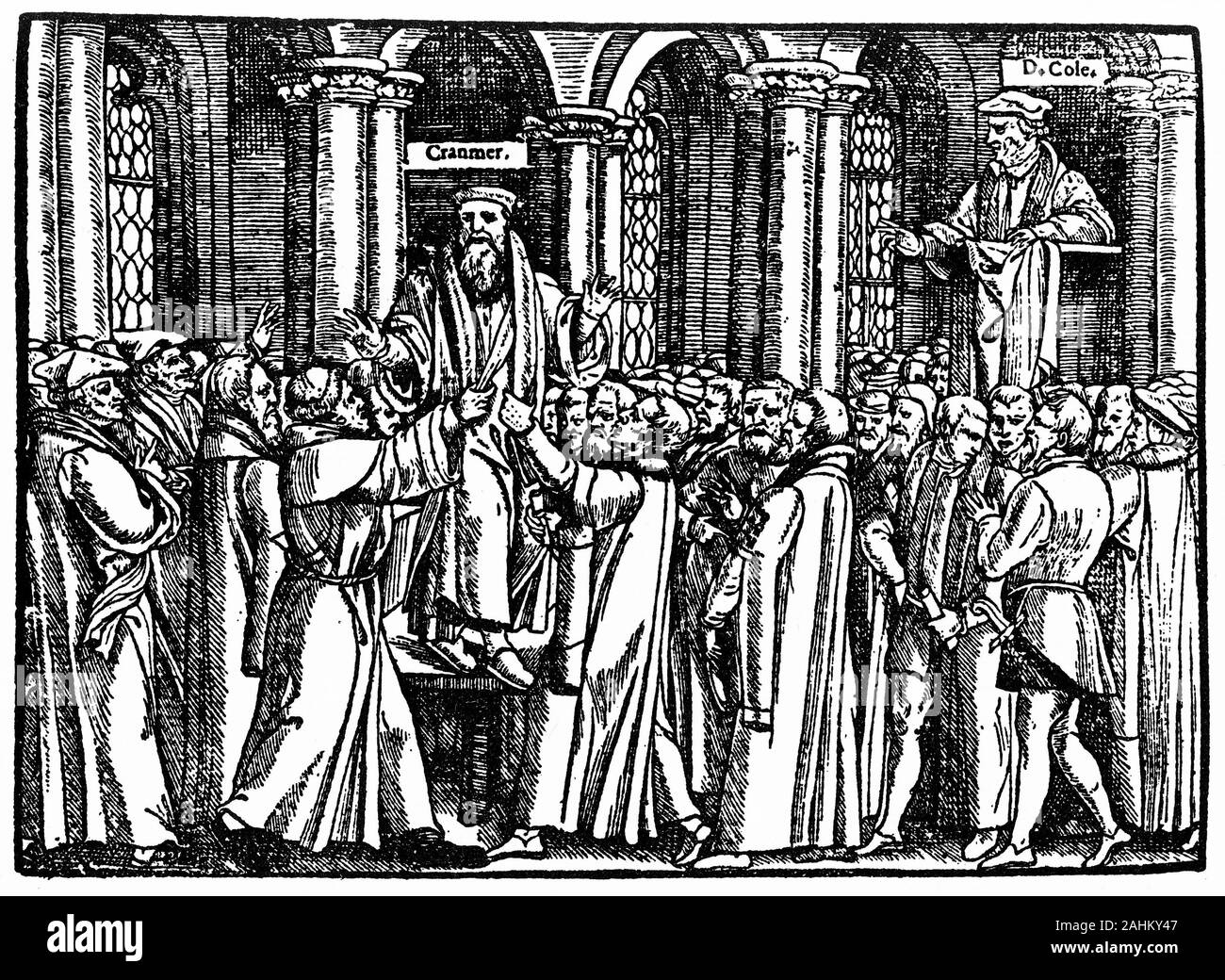 Incisione di Thomas Cranmer in piedi la gate di Mt Marie chiesa in tempo di Cole's sermone. Cranmer diede la sua ultima confessione di fede prima di lui era stato preso dai frati e infine messo a morte. Foto Stock