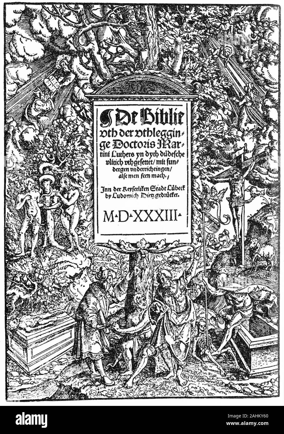 Pagina del titolo della traduzione olandese della Bibbia fatta da Lutero tedesco della Bibbia nel 1533. Foto Stock