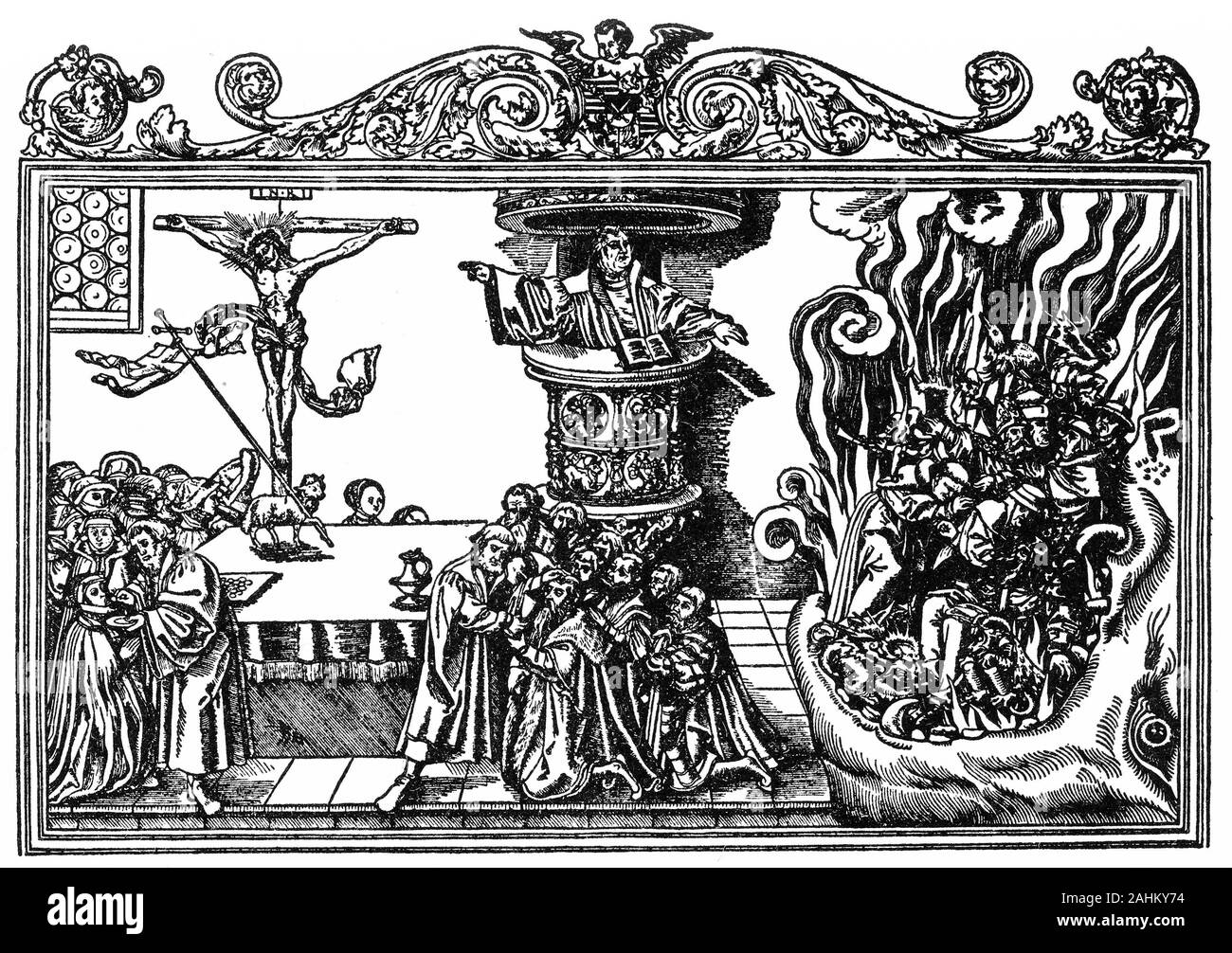 Incisione di Martin Lutero condividere il pane e il vino con i laici (sulla sinistra) mentre il Papa e il clero cattolico romano sono inghiottiti da una bestia che rappresenta l'inferno. Foto Stock