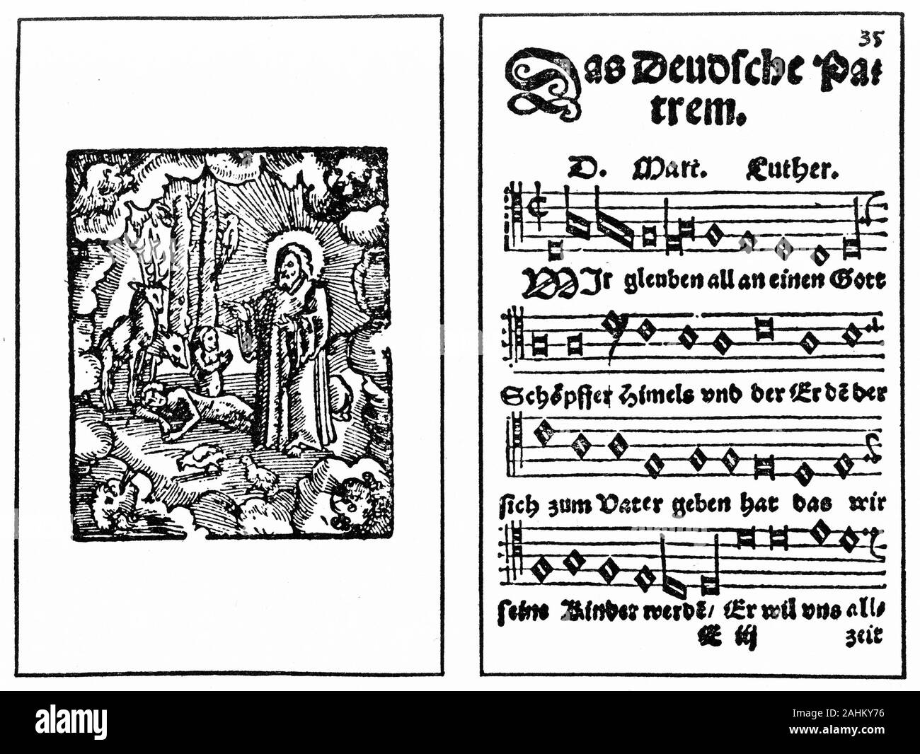 La notazione musicale per la riformazione inno tutti noi crediamo in un Dio solo da Martin Luther, 1524 Foto Stock