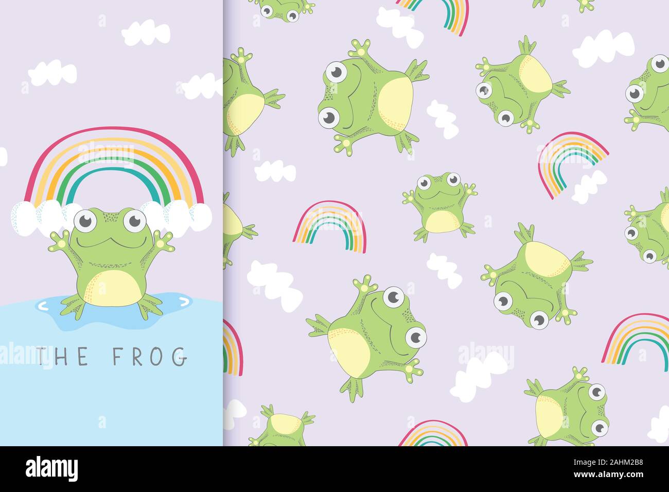 Seamless pattern infantile con felice rana e l'arcobaleno. Vivaio creativo dello sfondo. Illustrazione Vettoriale