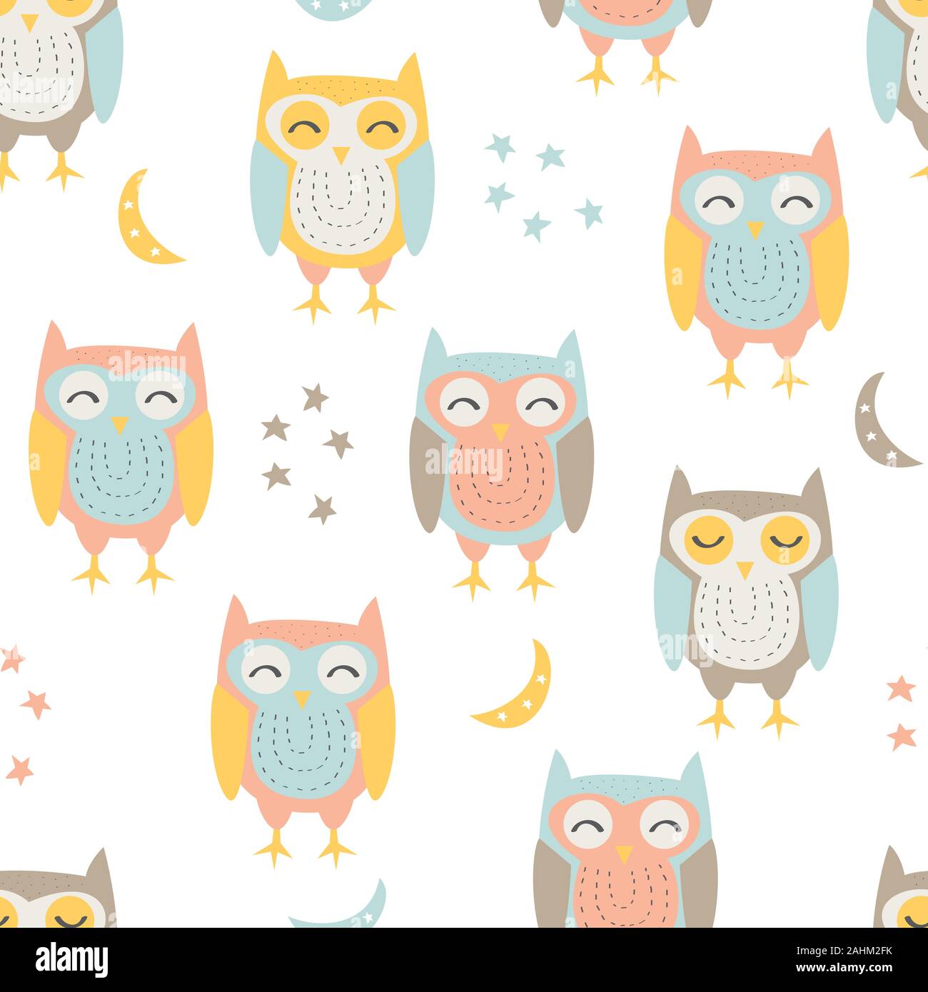 Disegnata a mano del gufo carino con seamless pattern nello sfondo bianco Illustrazione Vettoriale