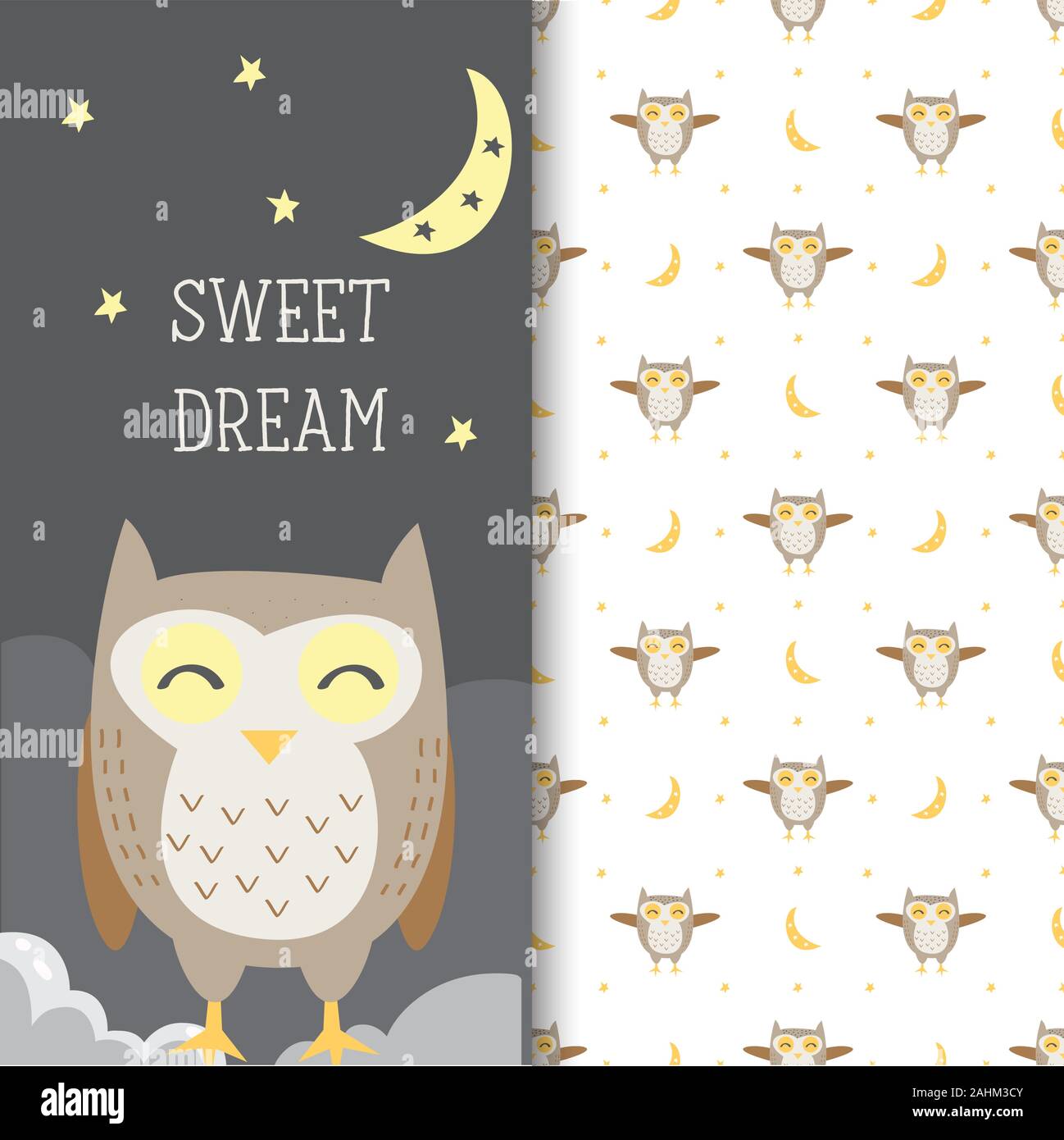 Disegnata a mano immagine del gufo carino con seamless pattern nello sfondo bianco Illustrazione Vettoriale